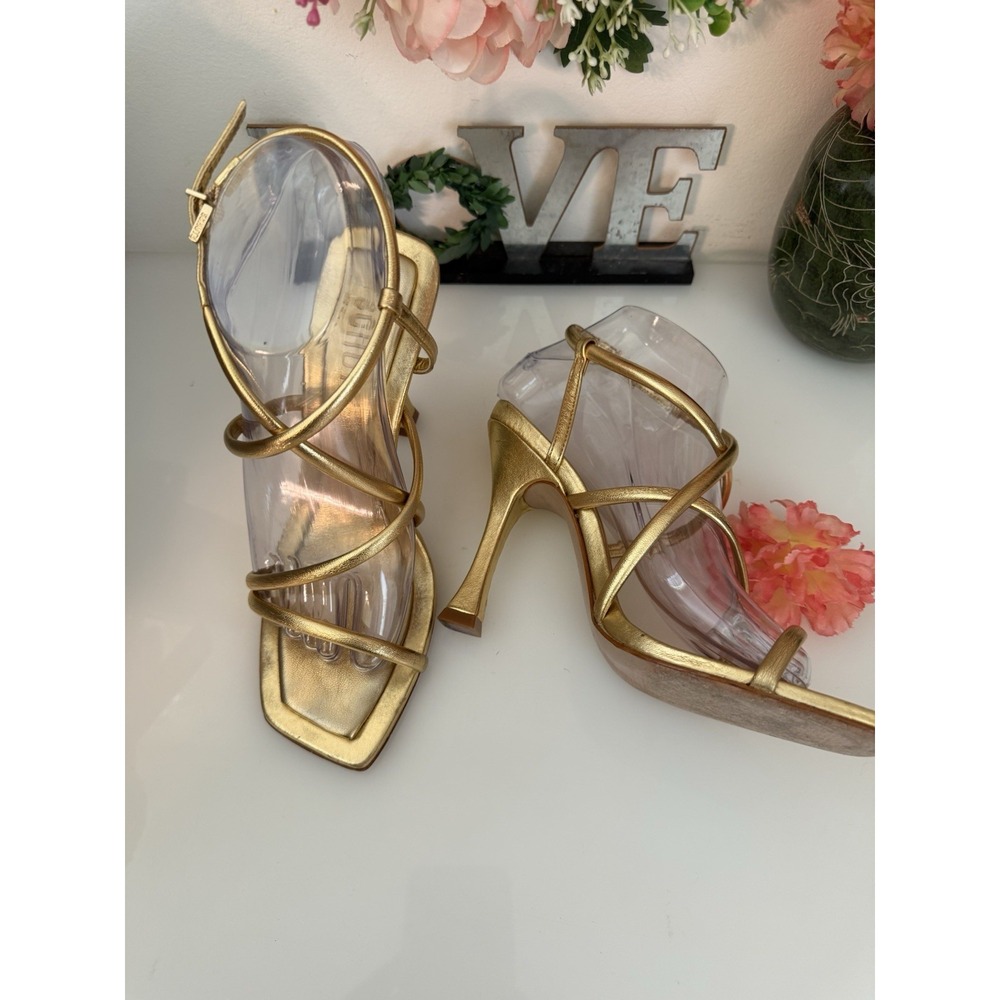 Schutz Womens Lovi Metallic Gold Tone Leather Strappy 4.5" Square Heels Sz 7.5B - Picture 2 of 16